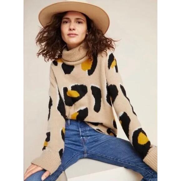 Anthropologie Moth Georgia Leopard Print Turtleneck Sweater Tan Black, Size XS - Picture 3 of 12